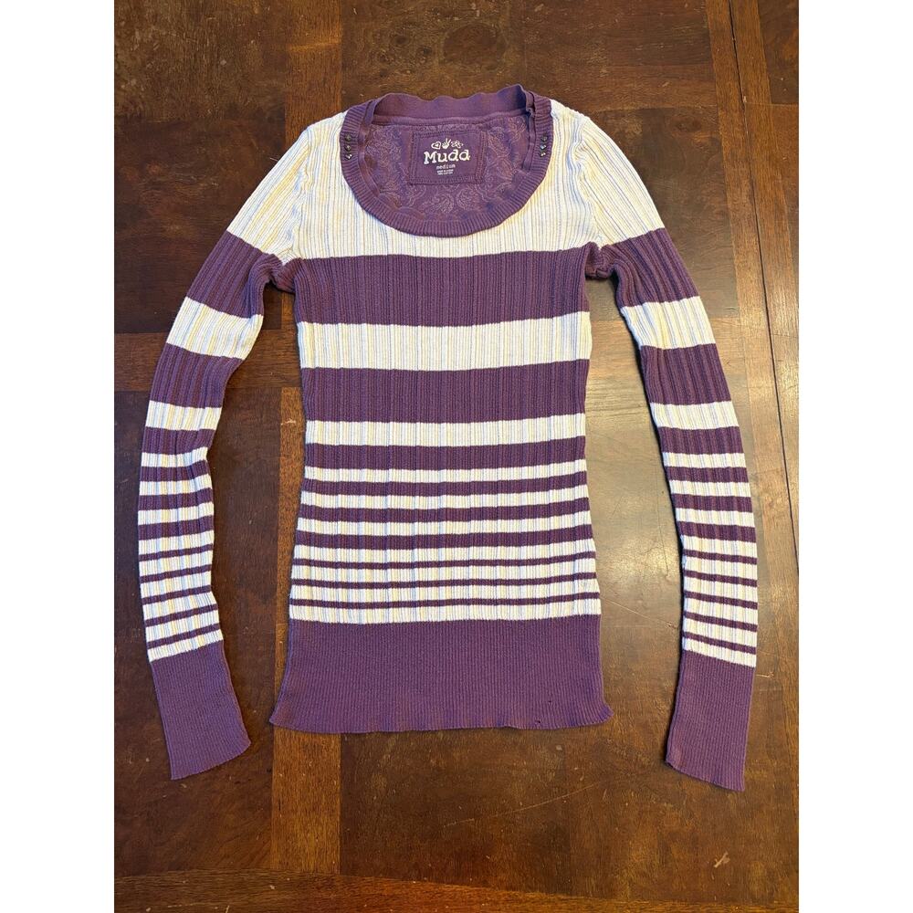 Trendy Y2K Mudd Purple/White Striped Ribbed Long Sleeve Layering Top Sz M Beads